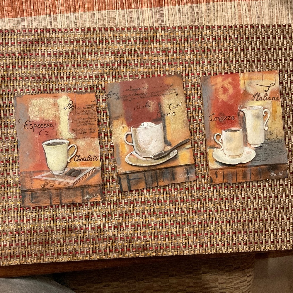 EUC 3 piece S. Vassileva ceramic  coffee themed plaques
